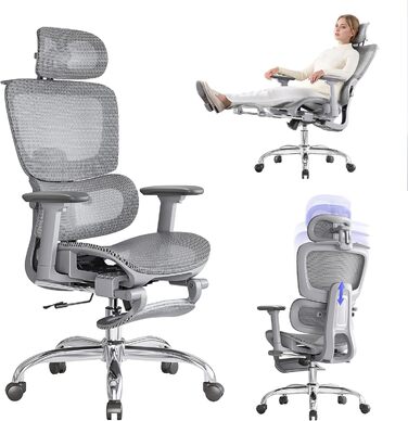 Ергономічне крісло для офісу з підніжкою та подушкою для шиї, 5-рівнева регульована спинка, 2D підтримка попереку, 3D підлокітники/підголівник, функція нахилу 145°, сітчасте сидіння, гумові колеса (Сірий, Lite)