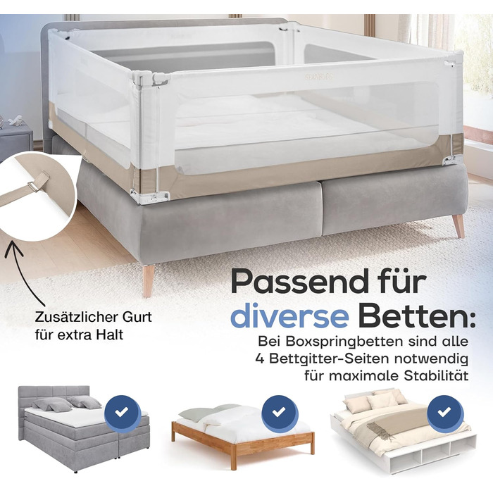 Захисний бортик для ліжка BEANBUDS® 200 см, бежевий - захист від випадання для дитячого та батьківського ліжка, з ременями для кріплення (1 сторона)