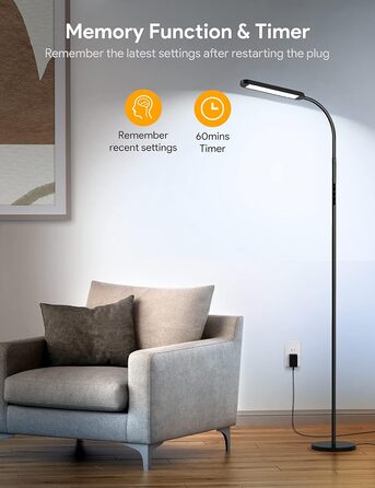 Торшер MediAcous LED Led, 12 Вт, з можливістю затемнення, 2700K-5700K, 5 рівнів яскравості, пульт дистанційного керування, таймер, чорний