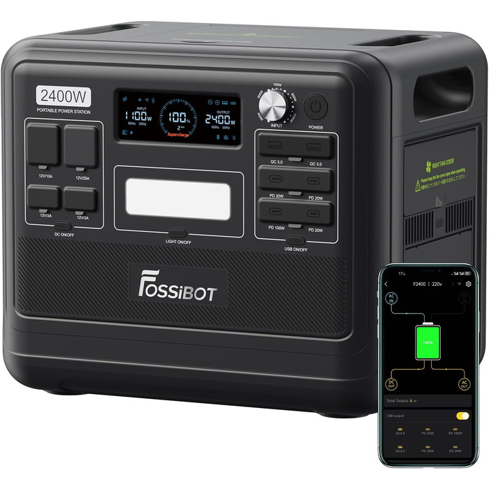 Портативна електростанція FOSSiBOT F2400, ємність 2048 Wh, номінальна потужність 2400 W, пікова потужність 4800 W