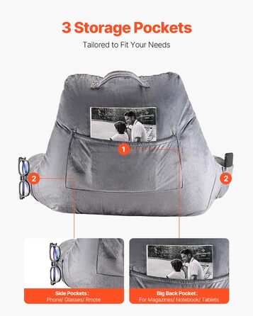 Крісло-мішок VEVOR з memory foam, з кишенями та чохлом з велюру, сіре - для читання, перегляду телевізора та ігор