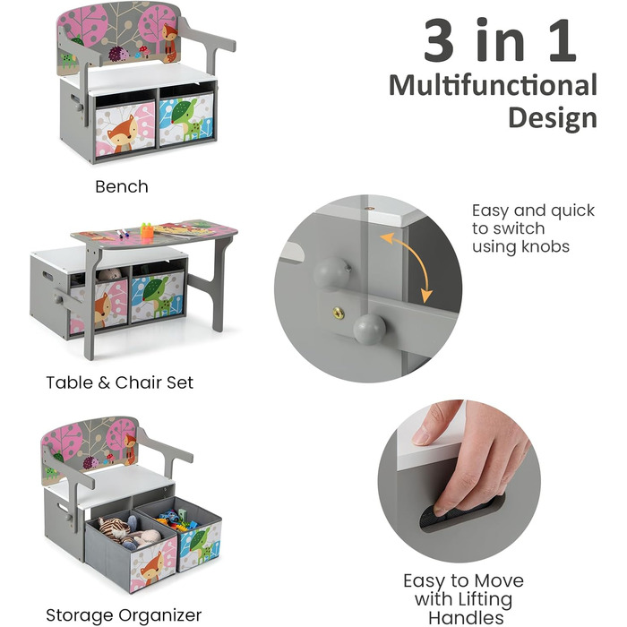LIFEZEAL 3 в 1 дитяча лавка-стілець з місцем для зберігання та підлокітниками, лавка-сховище для іграшок для дітей 3-7 років (сіра)
