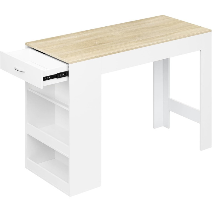 Стіл-бар WOLTU з шухлядою та полицями, вітрина для вина, кухонний стіл для бару, кухні, вітальні, їдальні (90 x 50 x 120 см, білий + світлий дуб)