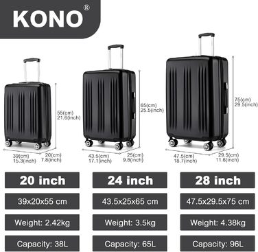 Чемодан KONO Handgepäck Trolley, 55x39x20 см, 37 л, з розширенням, TSA-замок, 4 колеса, чорний