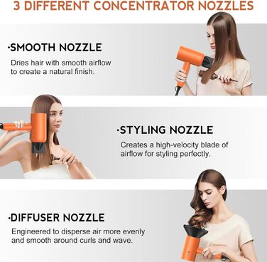 Іонний фен для волосся Slopehill 1800W для швидкого сушіння, професійний салонний фен з 3 насадками (концентратори та дифузор), 3 режимами температури та 2 швидкостями, помаранчевий