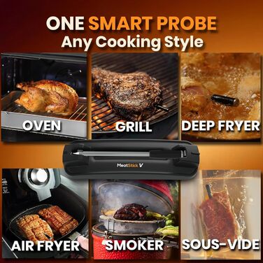MeatStick V: Бездротовий термометр для м'яса з WiFi та Bluetooth, 650°C, для гриля, копчення, Sous Vide, BBQ, фритюрниці, духовки, smoker