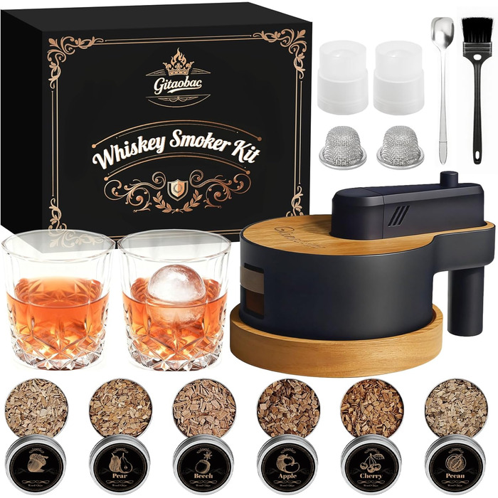 Набір для копчення віскі: 6 видів тирси, 2 склянки, 2 форми для льоду, для коктейлів, подарунок для чоловіків, батька, чоловіка (без бутану), дерев'яний