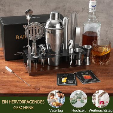Набір бармена на 23 деталі з підставкою | Комплект шейкерів для коктейлів з інструментами: шейкер Мартіні, сито, ложка, мадлер, для дому, бару, вечірки (шоколадний)