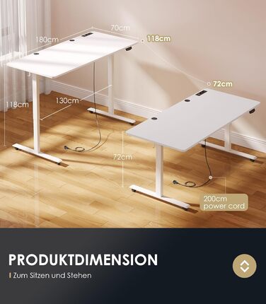 Електричний регульований стіл OffiGo 180x70 см, білий: стіл для офісу та дому з USB та 2 функціями пам'яті