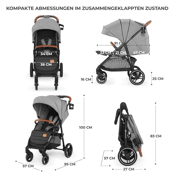 Дитяча коляска Kinderkraft GRANDE PLUS сірого кольору, від народження до 22 кг, складна однією рукою, з регульованою спинкою та великим козирком