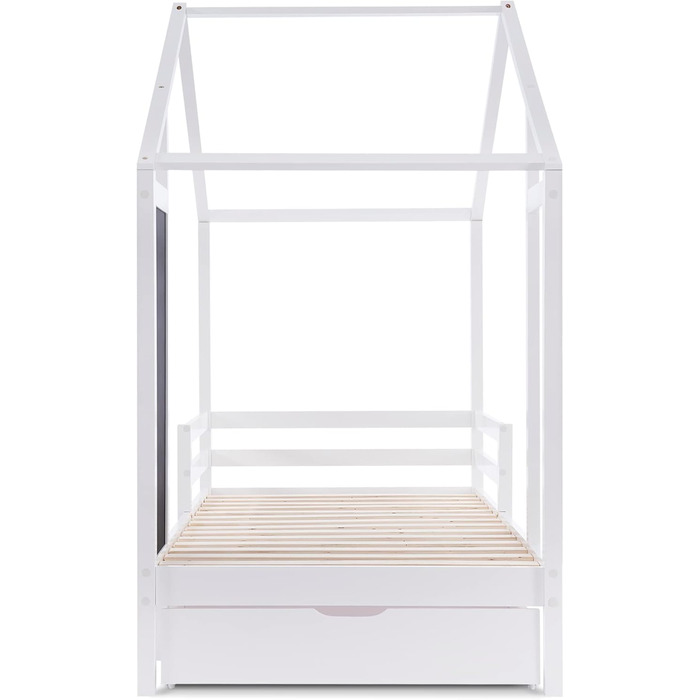 Ліжко дитяче 80x160 см з ящиками та вікном, масивне дерево, захист від падіння, ламелі, для хлопчиків та дівчаток, ліжко-будиночок, без матрацу, білий колір