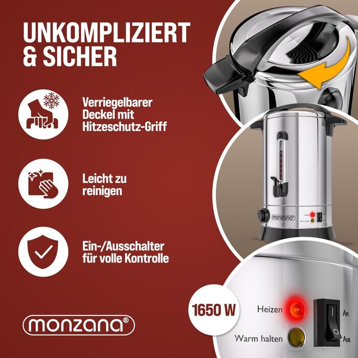 MONZANA Електричний нагрівач для глінтвейну 20 л з краном, термостатом 30-110°C, з нержавіючої сталі, на 90 чашок, для консервування, нагрівач пуншу, автомат для гарячих напоїв 20 л