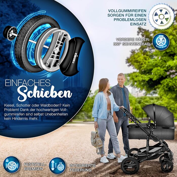 Дитяча коляска 3 в 1 KIDUKU® XXL Комплект | Комбінована коляска з люлькою, прогулянковим блоком та автокріслом | З повним набором аксесуарів (футляр, сумка для підгузків, підставка для чашки, дощовик) | Надувні колеса, ECE R129 (Антрацит / Чорний)
