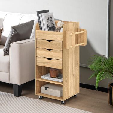 Роликовий контейнер COSTWAY з 3 висувними ящиками, візень для рукоділля з 2 стійками та 3 полицями, дерев'яний шафка на колесах, багатофункціональний візень для офісу та робочого кабінету (білий, натуральний колір)