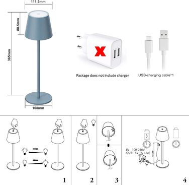 Акумуляторна настільна лампа Klighten LED з можливістю затемнення, бездротова, USB-C, 3000K, IP54, алюміній, синій, набір з 2 шт.