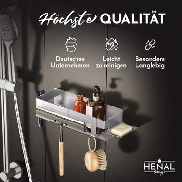 Набір для зберігання в душі Henal 5 в 1: поличка, тримач для бритви, для скребка, мильниці та гачка. Нержавіюча сталь, матове покриття, без свердління. Організатор для ванної кімнати XXL