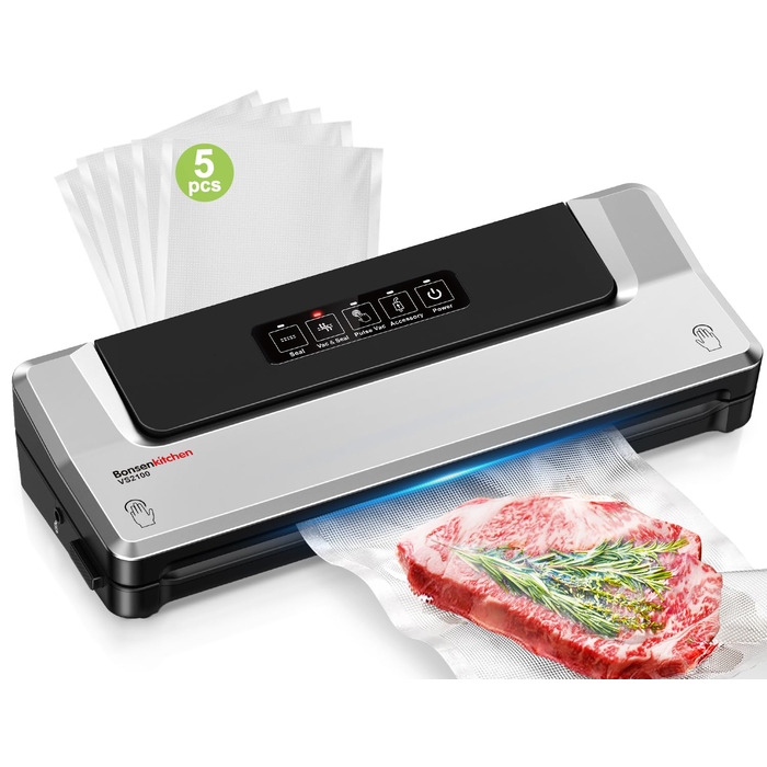 Вакууматор Bonsenkitchen для су-від (Sous Vide) та зберігання продуктів, вакуумний пакувальник з 5 пакетами в комплекті, сріблястий