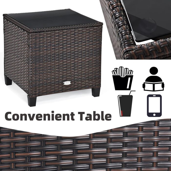 Набір садових меблів LIFEZEAL 3 предмети: 2 крісла та стіл з ротангу PE, скляна стільниця, подушки для тераси, балкона, саду (Коричневий з чорним)