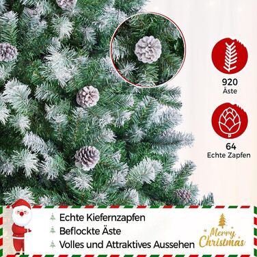 Штучна ялинка Yaheetech 183 см зі снігом та 64 шишками, 920 гілок, вогнестійка, з металевим підставкою та системою швидкого складання