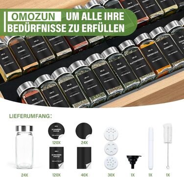 Набір скляних банок для спецій 24 шт. з етикетками: скляні дозатори для спецій 120 мл з ситечком, водостійкі етикетки, органайзер для спецій у шухляду, чорний колір (скло)