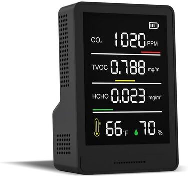 Монітор якості повітря 5-в-1: точне вимірювання CO2, формальдегіду (HCHO) та TVOC, показники температури та вологості. Компактний, портативний. Необхідний для дому (чорний)