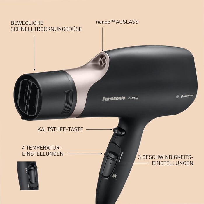 Фен Panasonic EH-NA67K825 Nanoe з дифузором, насадкою для швидкої сушки та концентрації, для сімейного використання, 2000 Вт, знімний фільтр, колір шампань