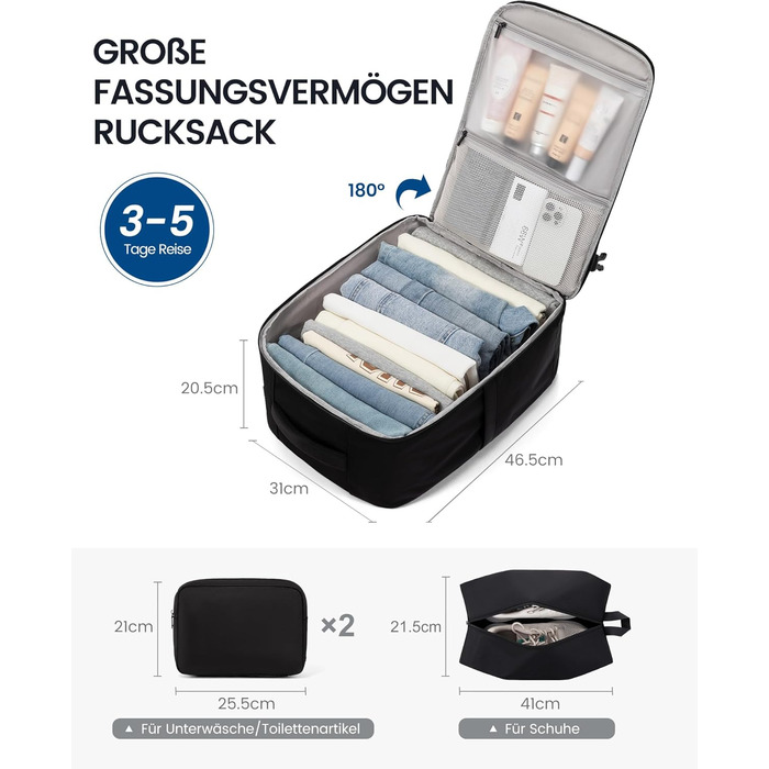 LOVEVOOK Рюкзак ручної поклажі, великий дорожній рюкзак для літака, рюкзак для подорожей чоловічий/жіночий, валіза-рюкзак з відділенням для ноутбука, ручна поклажа, сумка для подорожей, роботи, бізнесу (17.3 дюйми, чорний)