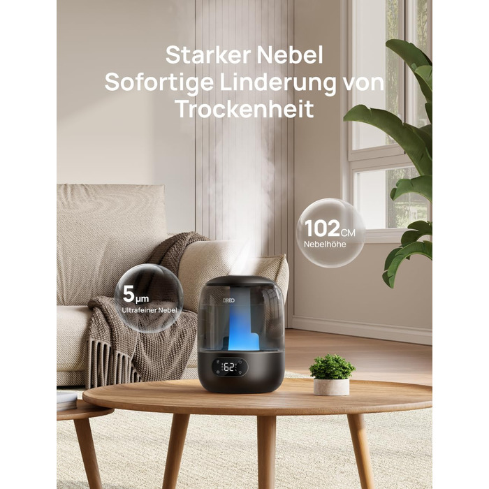 Зволожувач повітря Dreo для спальні, ультразвуковий пристрій холодного туману з 30 годинами роботи, резервуар 3L з верхнім заповненням, датчик вологості, нічне світло для дітей, кімнати, рослин та дому, чорний