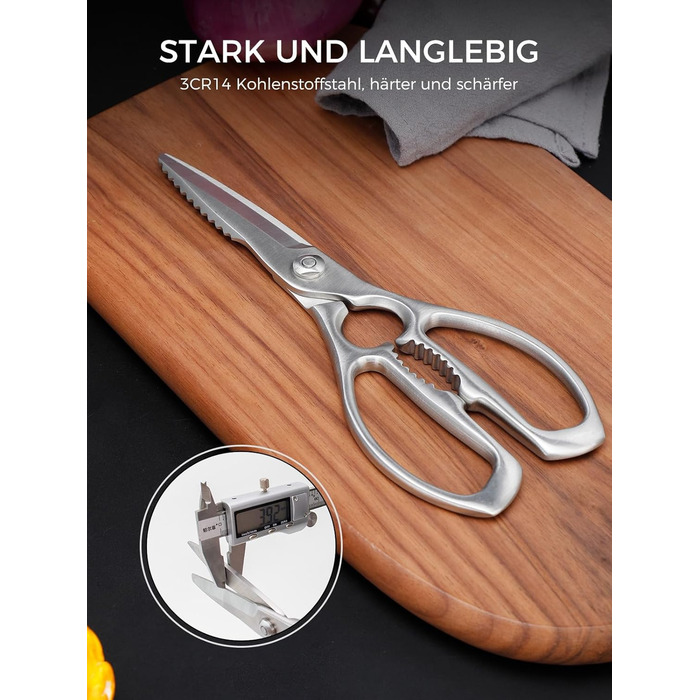 Кухонні ножиці важкі – з нержавіючої сталі 3Cr14, міцні для м'яса, птиці та овочів, з відкривачем пляшок, придатні для миття в посудомийній машині, 22,8 см, 5 років гарантії, сріблястого кольору
