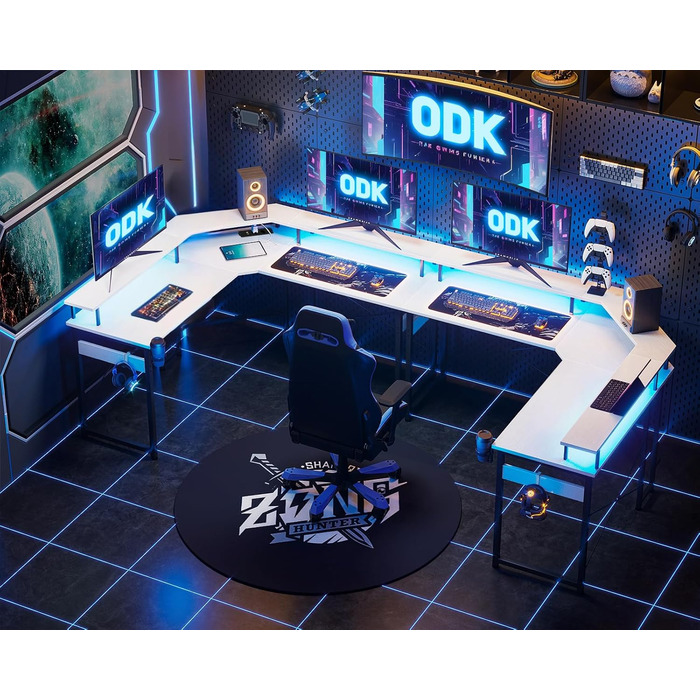 Ігровий стіл ODK 129x129 см з LED підсвіткою, 2 розетки та 2 USB, для ПК та комп'ютера, білий