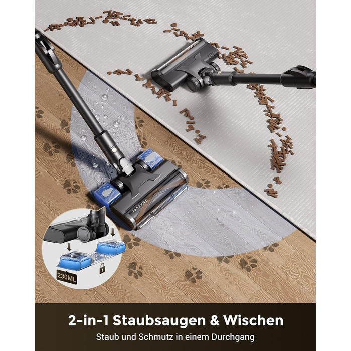 Proscenic P20: Акумуляторний пилосос 2-в-1 з функцією вологого прибирання, 70 кПа, 70 хв, 680 Вт, чорний. Для килимів та шерсті тварин