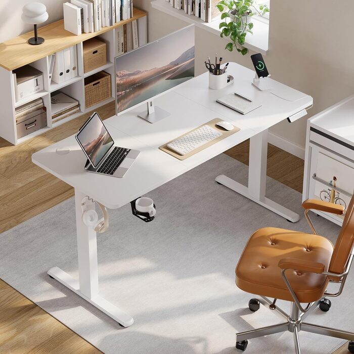 Регульований стіл 140 x 60 см з USB-C зарядкою, електричний, з функцією пам'яті, для офісу, стоячий/сидячий, білий Pro, 140x60 см