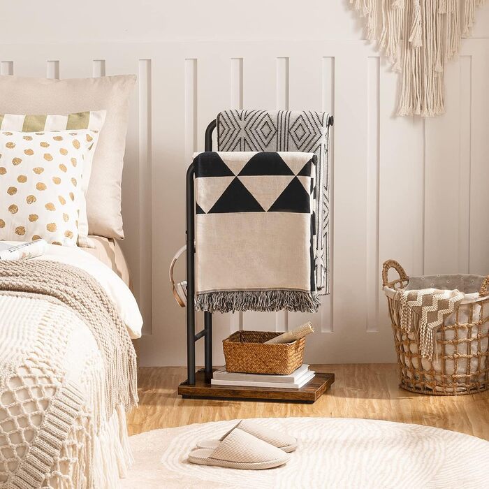 Підставка для рушників HOOBRO, стояча, з 2 перекладинами, білий + натуральне дерево, 40 x 24 x 80,5 см