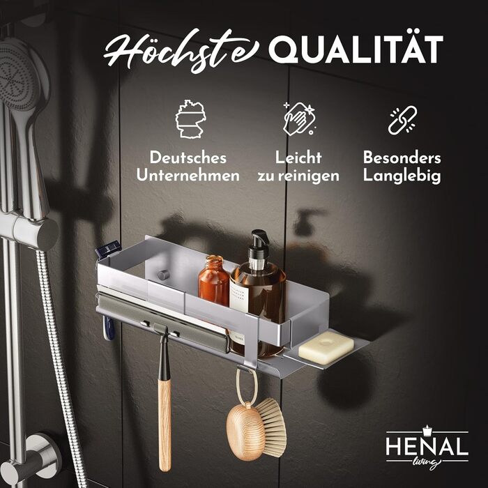 Набір для зберігання в душі Henal 5 в 1: поличка, тримач для бритви, для скребка, мильниці та гачка. Нержавіюча сталь, матове покриття, без свердління. Організатор для ванної кімнати XXL