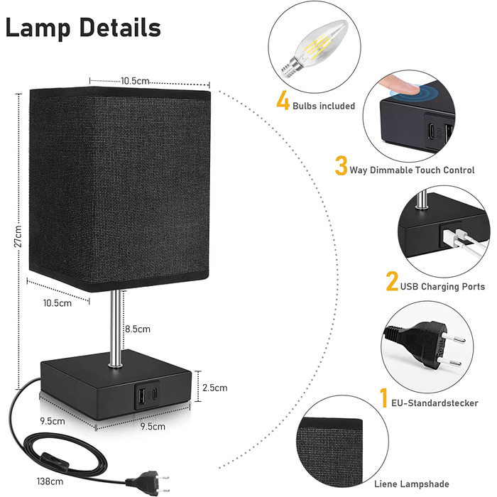 Приліжковий світильник Touch Dimmable Набір з 2 шт. з USB, 3 рівнями яскравості, в т.ч. 4 лампочки (чорні)