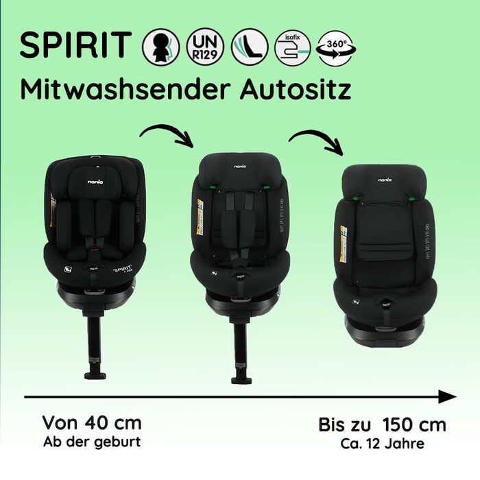 Дитяче автокрісло SPIRIT з поворотом на 360 - I-Size 40-150 см - росте разом з Вами від народження до приблизно 12 років - Група 0/1/2/3 - Isofix кріплення опорної ніжки (Spirit)