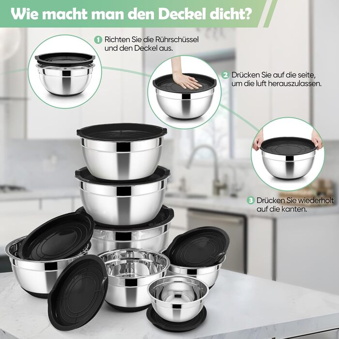 Набір місок HaWare з нержавіючої сталі, 7 шт., з кришкою, для приготування їжі, миття в посудомийній машині, об'єм 6.5/4.5/3/2.5/1.5/1.2/0.7 л (Чорний, силіконове дно)