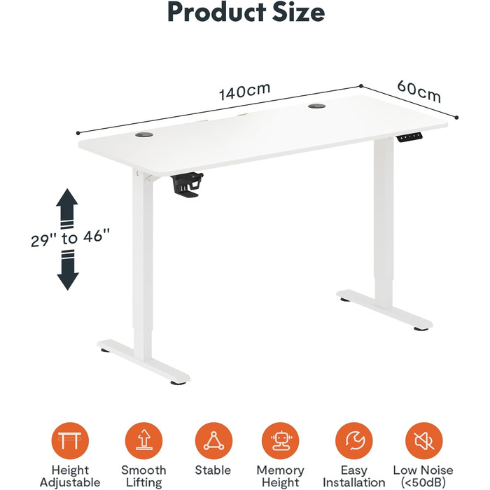 Електричний стіл 110 х 60 см зі стільницею (з гачком/тримачем для пляшок), стоячий стіл, регульований по висоті стіл зі стільницею, функція пам'яті, для домашнього офісу (140x60см, білий)