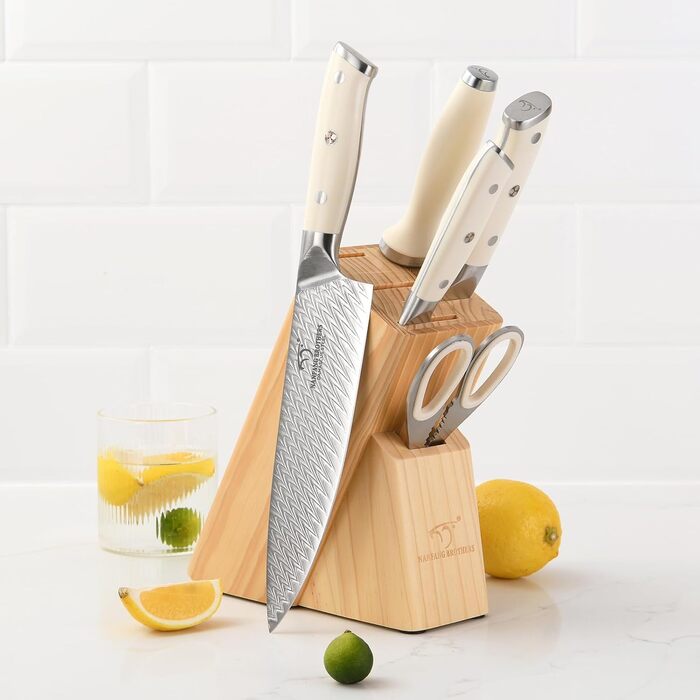 Набір кухонних ножів NANFANG BROTHERS Profimesser Damaskus 5 шт. з дерев'яним блоком. Ножі з дамаської сталі, кухонні та для приготування їжі.