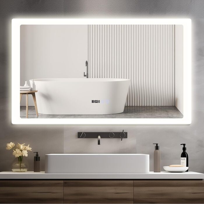 Дзеркало для ванної кімнати YOURLITE з LED-підсвічуванням 100x60 см, сенсорне управління, годинник, антизапотівання, 3 кольори світла, регулювання яскравості, функція пам'яті, білий - 60100