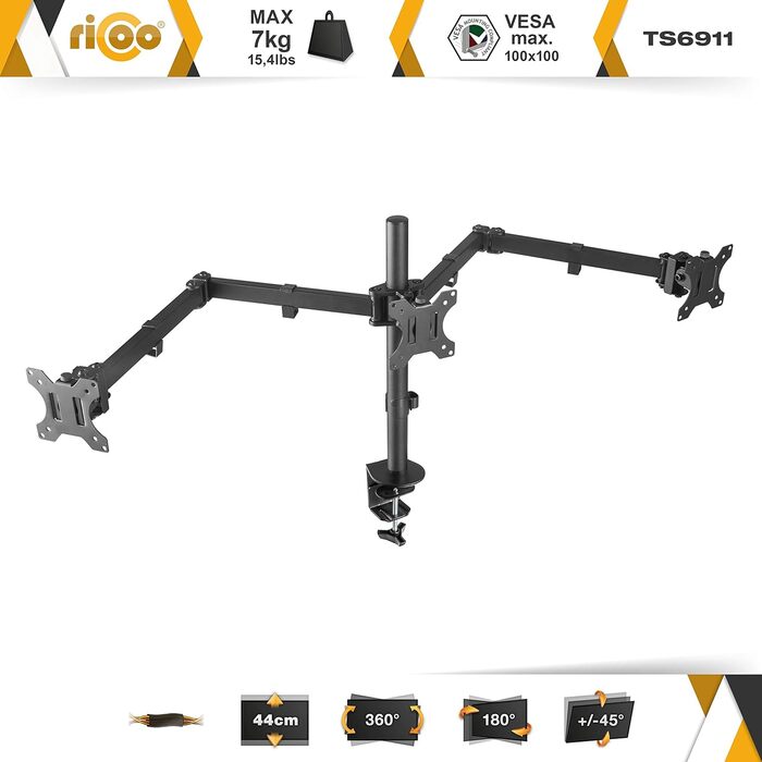 Тримач для монітора RICOO TS6911 - кріплення для 3 моніторів, 13-26 дюймів, ПК, офіс