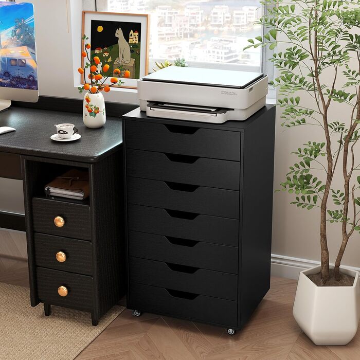 Роликовий контейнер GIANTEX з 5 висувними ящиками, офісний шафка для документів на колесах, тумба під стіл з дерева, стіл-принтер для дому та офісу (Білий, Чорний), 49 x 40 x 87 см