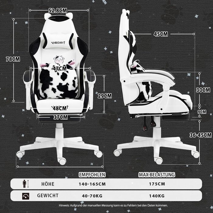 Ігровий крісло з милою формою та подушкою Каваї, ергономічний комп'ютерний ігровий стілець для дівчат з підтримкою попереку та підставкою для ніг, зручне відкидне крісло для підлітків (чорно-білий)