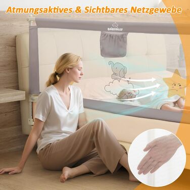 Бортики для ліжка дитячі 3 шт. (2x200 см + 1x180 см) складані, захист від випадання, малюнок - слоники