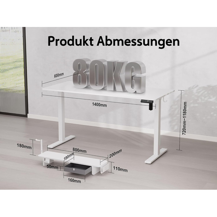 Регульований стіл WALKINGDESK для дому та офісу: електричний, з висувними ящиками, підставкою для монітора та тримачем для телефону (140 x 60 см, білий)