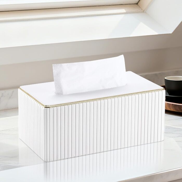 Скляниця для серветок KingFOM з золотим обідком, шкіра PU, для вітальні, ванної кімнати та офісу (біла, прямокутна)