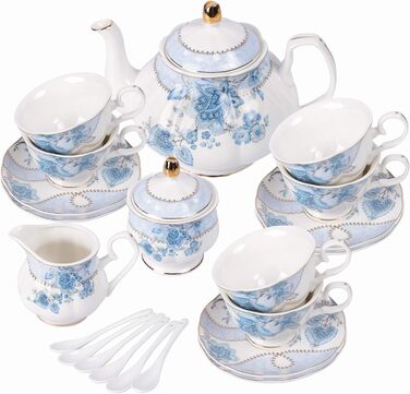 Набір чаю Fanquare Blue Floral Porcelain на 6 осіб, включаючи чайник, цукорницю та глечик для вершків