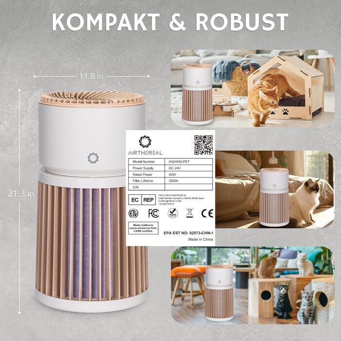 Повітряний очисник Airthereal AGH400 для дому з тваринами: фільтр H13, видаляє шерсть, луску, запах сечі, пил, дим. PM2.5-сенсор, 360° вхід повітря