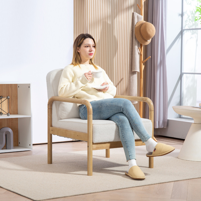 Крісло Акцентне, м'яке крісло з тканинною оббивкою, каркас з каучукового дерева, сучасне крісло з подушкою, біле