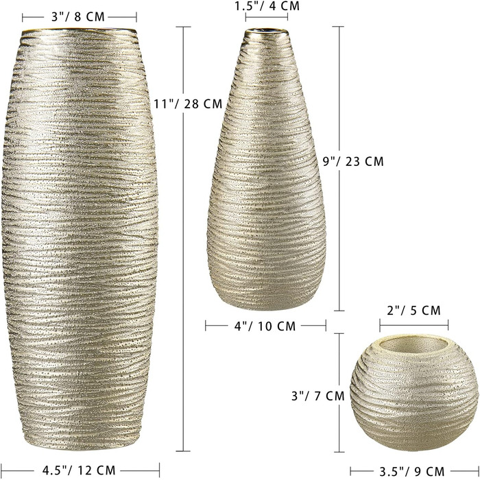 Набір золотих ваз для квітів з 3 шт. , кераміка, декоративна для дому, столу, вітальні, офісу, весілля, Різдво, H 28 см